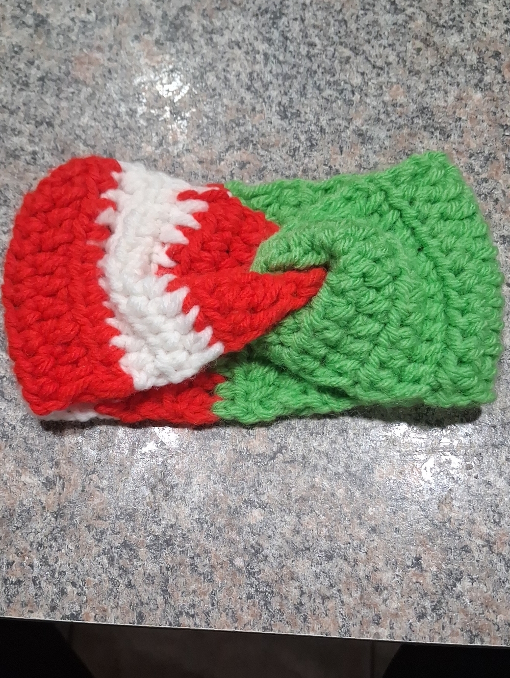 Handmade Crochet Headband in Green with Red & White Accent